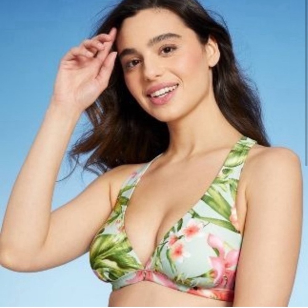 Kona Sol Light Green Tropical Bikini Top Crisscross Back S(4-6)